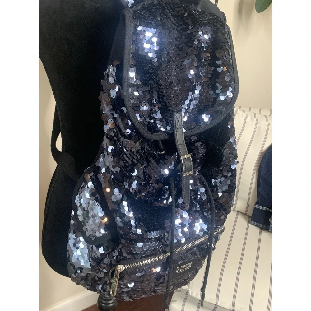 Victoria's Secret PINK Black Sequin Large Backpack Y2K Drawstring Zipper Adjusts